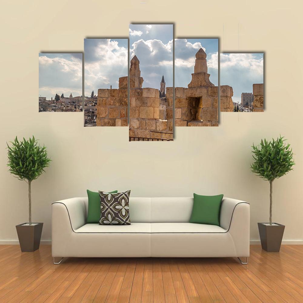 Damascus Gate Jerusalem Canvas Wall Art in gray, beige and blue, 4 panel Pop layout hung on a wall