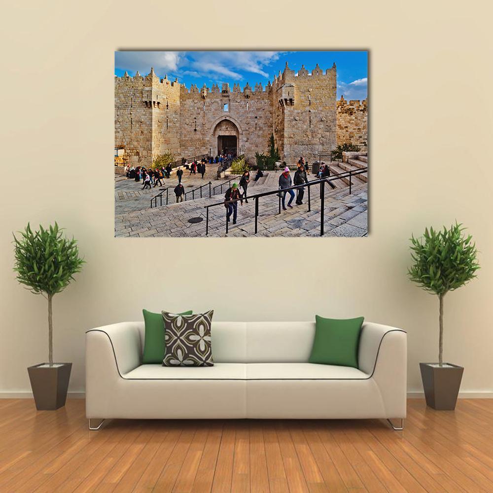 Damascus Gate Courtyard Scene Canvas Wall Art in gray, beige and blue, single panel hung on a wall
