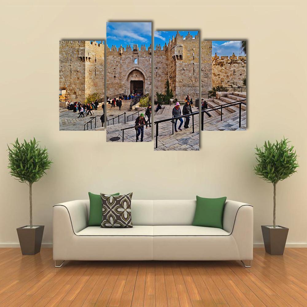 Damascus Gate Courtyard Scene Canvas Wall Art in gray, beige and blue, 3 panel horizontal set hung on a wall