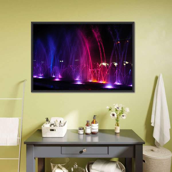 Dancing Fountains At Night Canvas Wall Art-5 Horizontal-Gallery Wrap-22" x 12"-Tiaracle