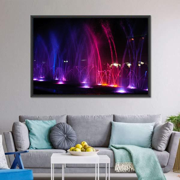Dancing Fountains At Night Canvas Wall Art-5 Horizontal-Gallery Wrap-22" x 12"-Tiaracle