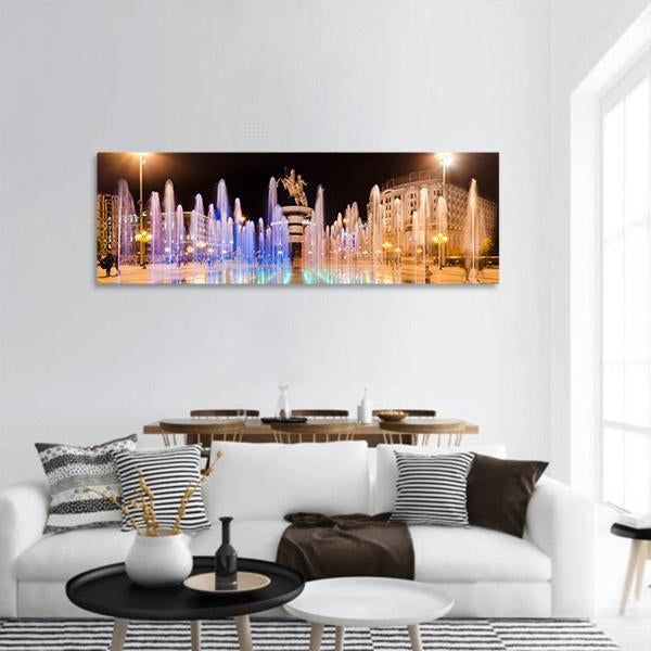 Fountains Of Square Macedonia Panoramic Canvas Wall Art-1 Piece-36" x 12"-Tiaracle