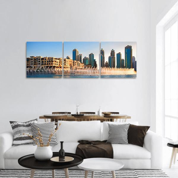 Fountains Of Burj Khalifa Panoramic Canvas Wall Art-3 Piece-25" x 08"-Tiaracle