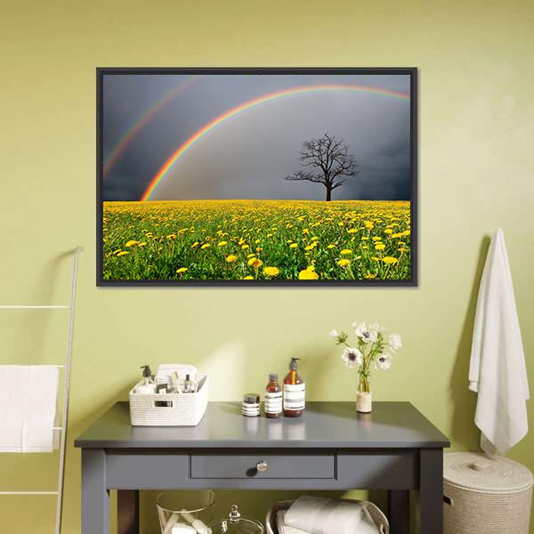 Dandelion Field With Rainbow Canvas Wall Art-5 Horizontal-Gallery Wrap-22" x 12"-Tiaracle