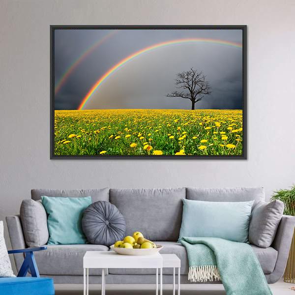 Dandelion Field With Rainbow Canvas Wall Art-5 Horizontal-Gallery Wrap-22" x 12"-Tiaracle
