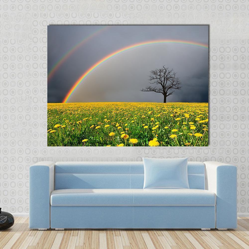 Double Rainbow Over Dandelion Field Canvas Wall Art in gray, yellow and green, single panel hung on a wall