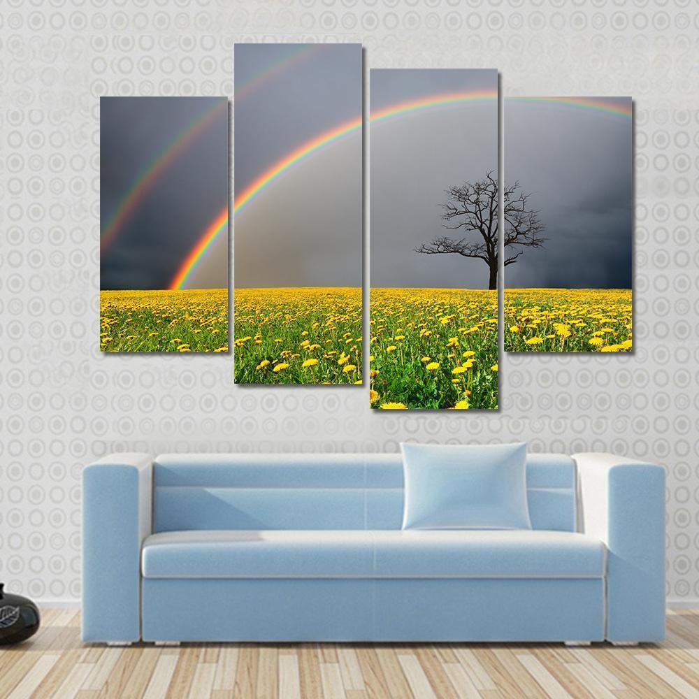 Dandelion Field With Rainbow Canvas Wall Art-1 Piece-Gallery Wrap-48" x 32"-Tiaracle