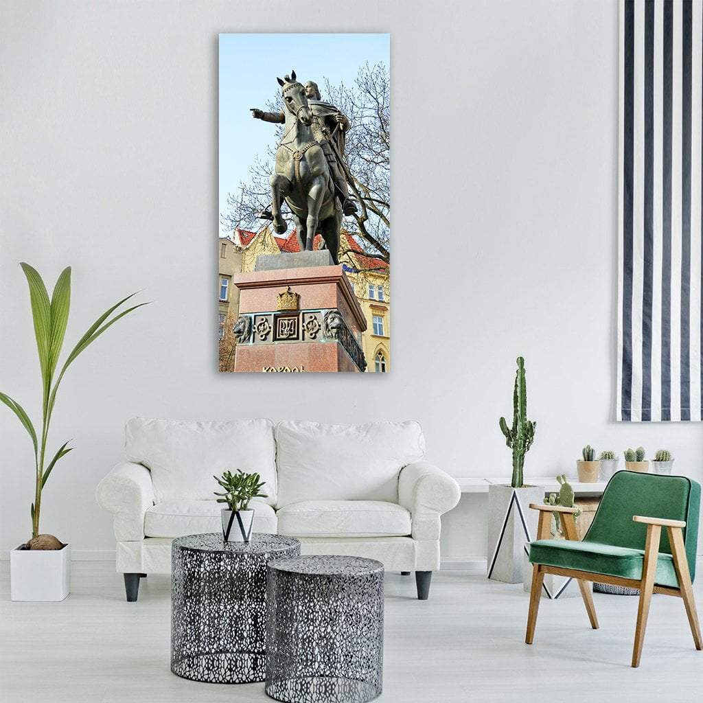Daniel of Galicia Equestrian Monument Vertical Canvas Wall Art in gray and blue, single vertical panel hung on a wall