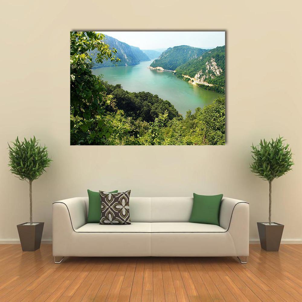 Danube Valley River View Canvas Wall Art in green and blue, single panel hung on a wall