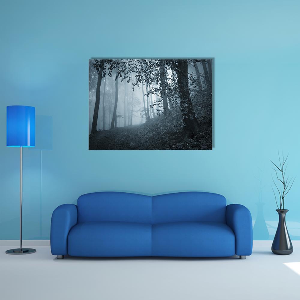 Dark Foggy Forest Canvas Wall Art in black, white and gray, single panel hung on a wall