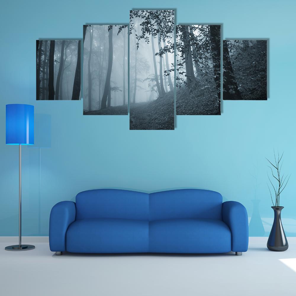 Dark Foggy Forest Canvas Wall Art-5 Star-Gallery Wrap-62" x 32"-Tiaracle