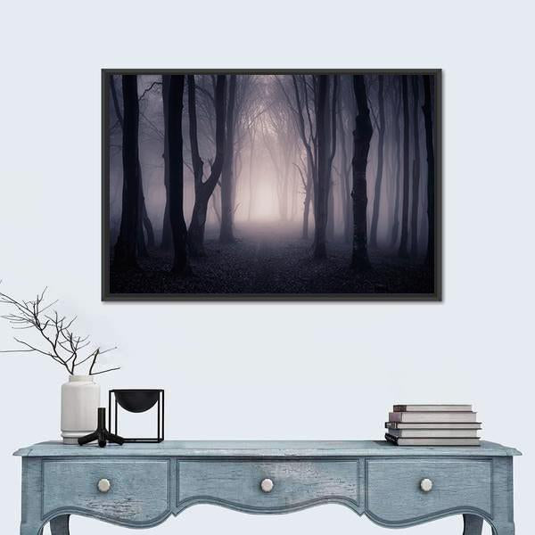 Dark Foggy Forest Path Canvas Wall Art-1 Piece-Floating Frame-24&quot; x 16&quot;-Tiaracle