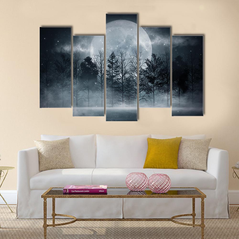 Foggy Dark Forest Canvas Wall Art-5 Pop-Gallery Wrap-32&quot; x 21&quot;-Tiaracle
