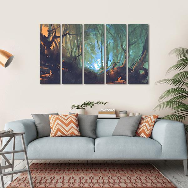 Dark Forest With Mystic Light Canvas Wall Art-5 Horizontal-Gallery Wrap-22" x 12"-Tiaracle