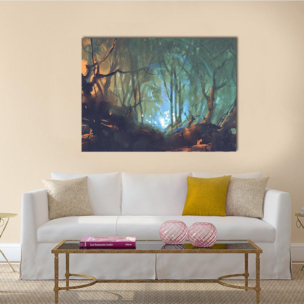 Dark Forest with Mystic Light Canvas Wall Art in black, green and blue, single panel hung on a wall
