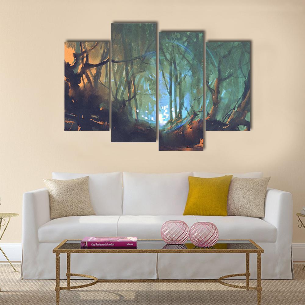Dark Forest With Mystic Light Canvas Wall Art-4 Pop-Gallery Wrap-50" x 32"-Tiaracle