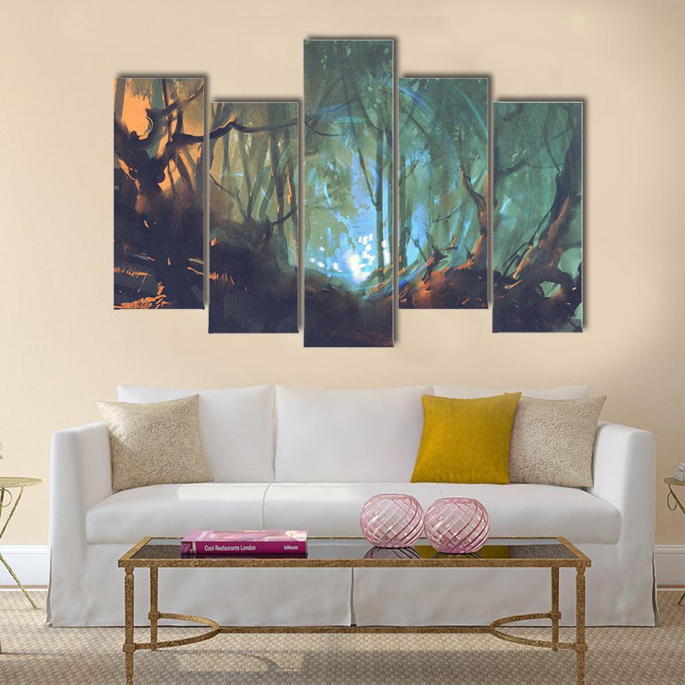 Dark Forest With Mystic Light Canvas Wall Art-5 Pop-Gallery Wrap-47" x 32"-Tiaracle