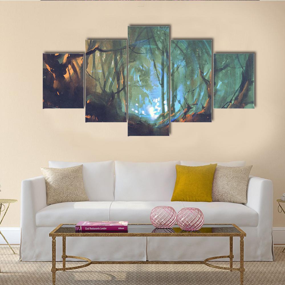 Dark Forest With Mystic Light Canvas Wall Art-5 Star-Gallery Wrap-62" x 32"-Tiaracle