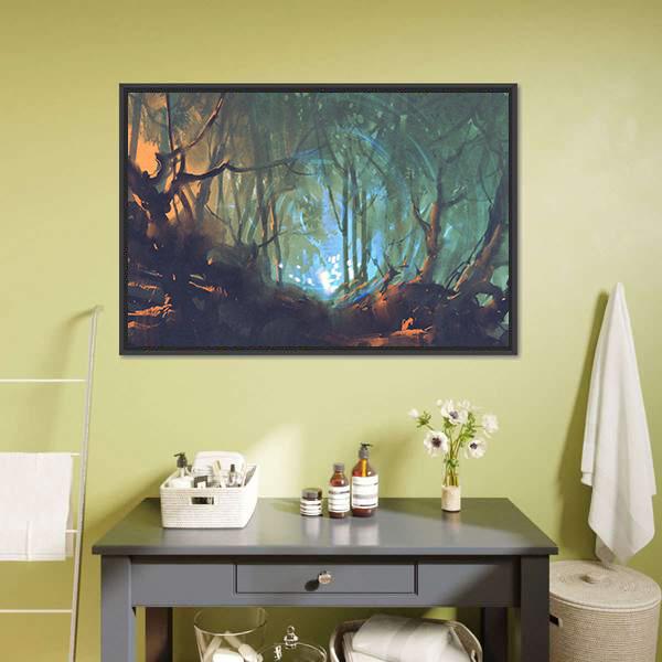 Dark Forest With Mystic Light Canvas Wall Art-3 Horizontal-Gallery Wrap-25" x 16"-Tiaracle