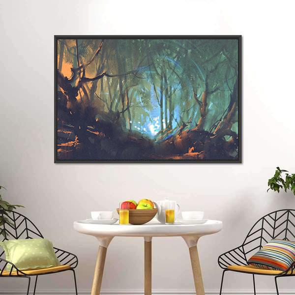 Dark Forest With Mystic Light Canvas Wall Art-1 Piece-Floating Frame-24" x 16"-Tiaracle