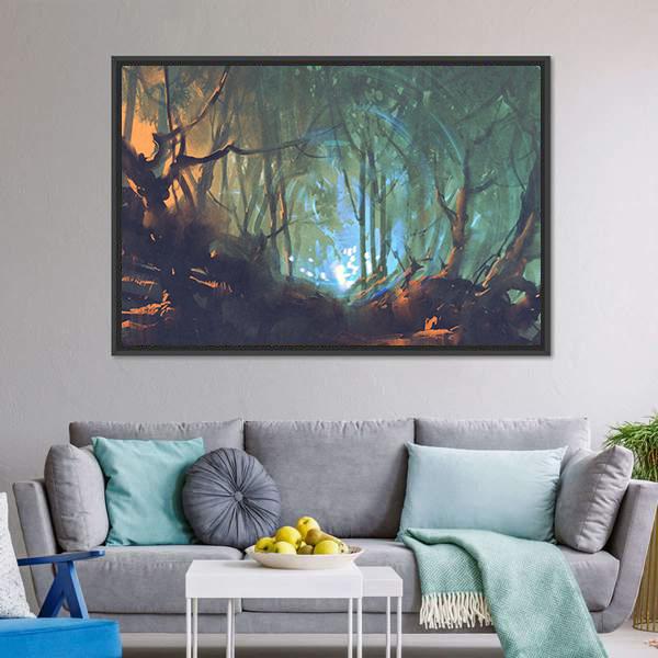 Dark Forest With Mystic Light Canvas Wall Art-3 Horizontal-Gallery Wrap-25" x 16"-Tiaracle