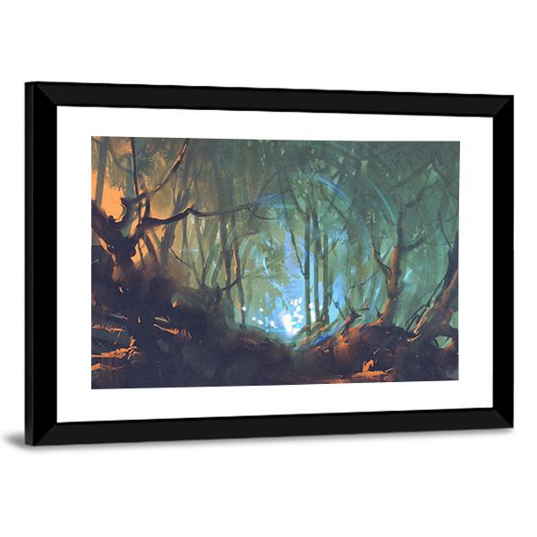 Dark Forest With Mystic Light Canvas Wall Art-3 Horizontal-Gallery Wrap-25" x 16"-Tiaracle