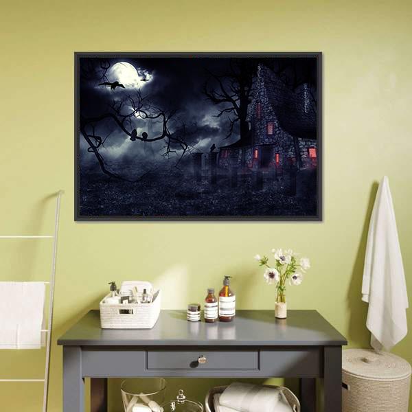 Dark Haunted House Canvas Wall Art in black, gray and blue, framed canvas, product view on a white background