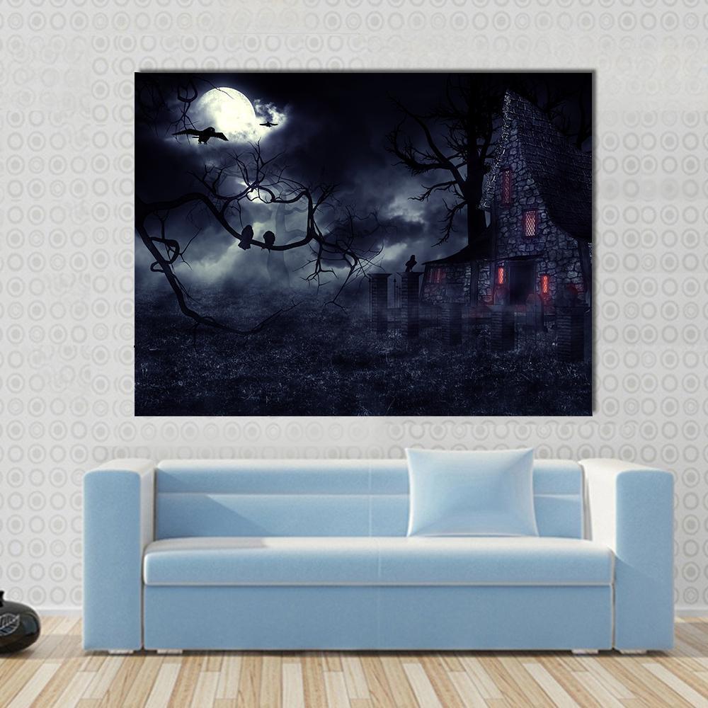 Dark Haunted House Canvas Wall Art in black, gray and blue, single panel hung on a wall