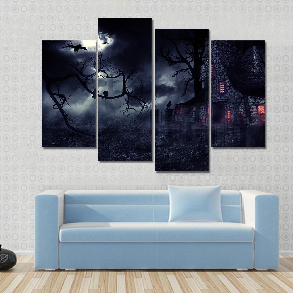 Dark Haunted House Canvas Wall Art-4 Pop-Gallery Wrap-50&quot; x 32&quot;-Tiaracle