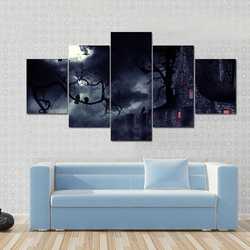 Dark Haunted House Canvas Wall Art-5 Star-Gallery Wrap-62&quot; x 32&quot;-Tiaracle