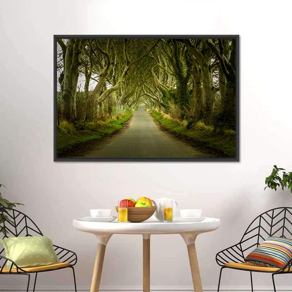 Dark Hedges With Road Canvas Wall Art-1 Piece-Floating Frame-24" x 16"-Tiaracle