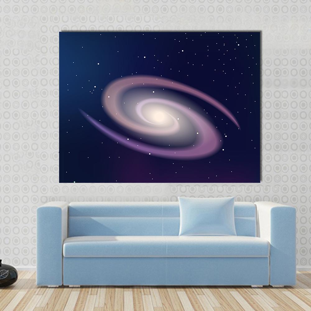 Dark Sky Spiral Galaxy Canvas Wall Art in blue, navy and purple, single panel hung on a wall