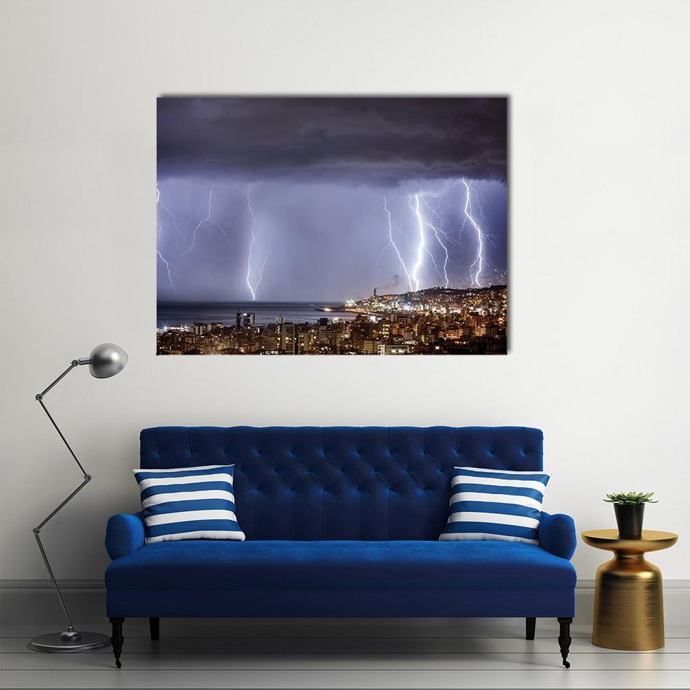 Lightning Storm Over Coastal City Canvas Wall Art in gray, blue and purple, single panel hung on a wall