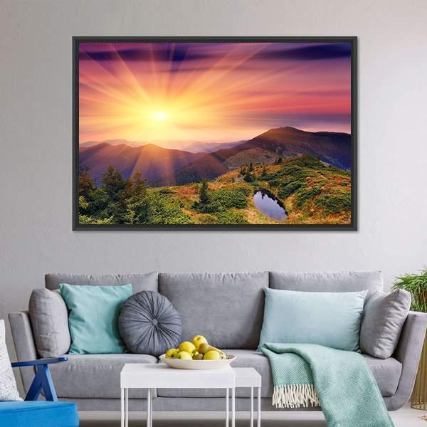 Dawn In Mountains Carpathians Canvas Wall Art-1 Piece-Floating Frame-24" x 16"-Tiaracle
