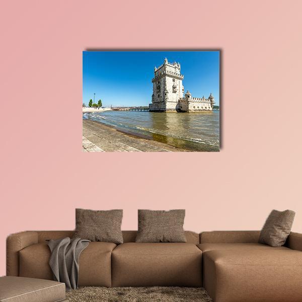 Belem Tower in Lisbon Canvas Wall Art in gray, beige and blue, single panel hung on a wall