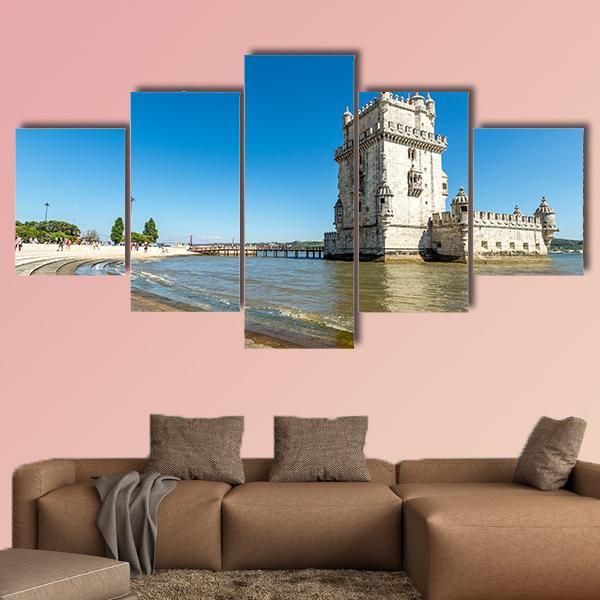 Belem Tower In Lisbon Canvas Wall Art-5 Star-Gallery Wrap-62" x 32"-Tiaracle