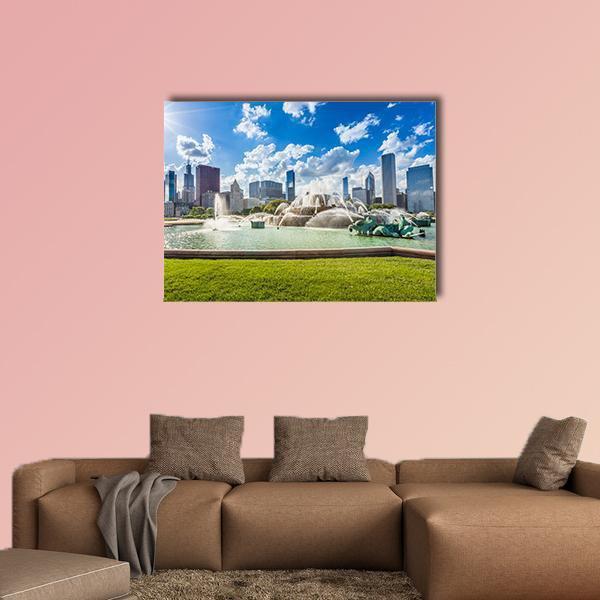 Buckingham Fountain with Chicago Skyline Canvas Wall Art in white, green and blue, single panel hung on a wall