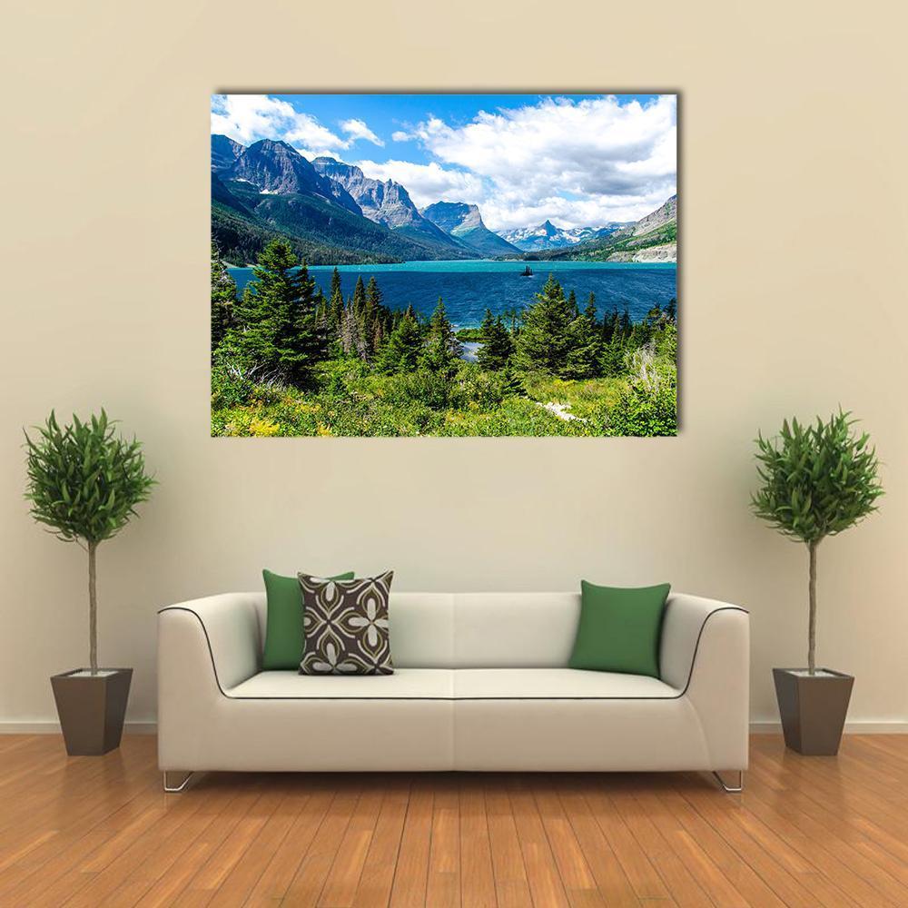 Daytime Forest, Mountain and Lake Canvas Wall Art in white, green and blue, single panel hung on a wall