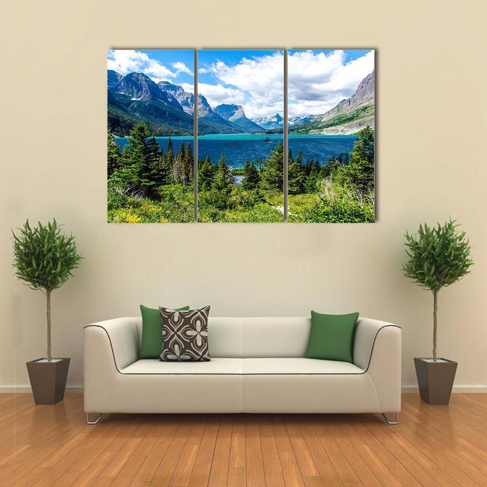 Day View Of Forest And Mountain With Lake Canvas Wall Art-5 Pop-Gallery Wrap-47" x 32"-Tiaracle