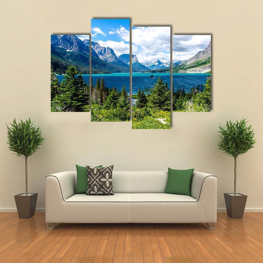 Day View Of Forest And Mountain With Lake Canvas Wall Art-4 Pop-Gallery Wrap-50" x 32"-Tiaracle