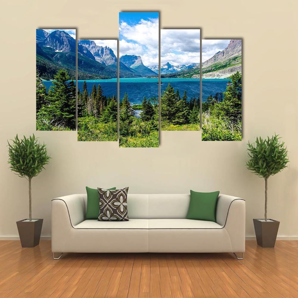 Day View Of Forest And Mountain With Lake Canvas Wall Art-5 Pop-Gallery Wrap-47" x 32"-Tiaracle