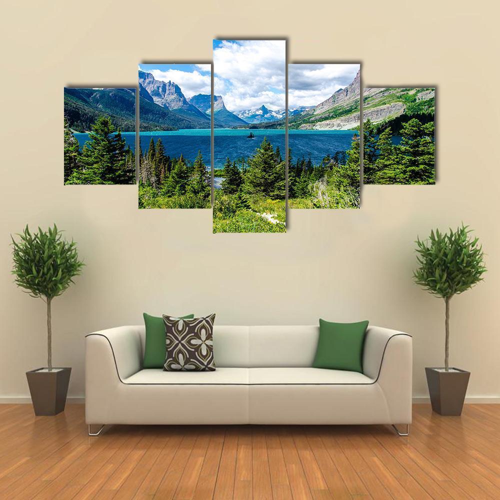 Day View Of Forest And Mountain With Lake Canvas Wall Art-5 Star-Gallery Wrap-62" x 32"-Tiaracle