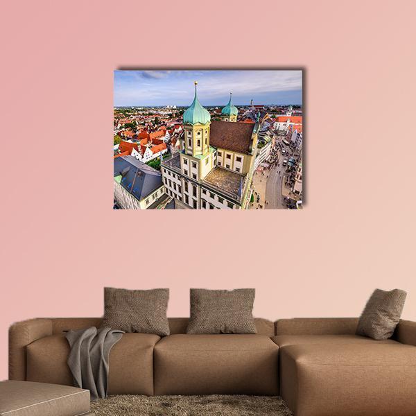 Augsburg Skyline, Germany Canvas Wall Art in beige, orange and blue, single panel hung on a wall