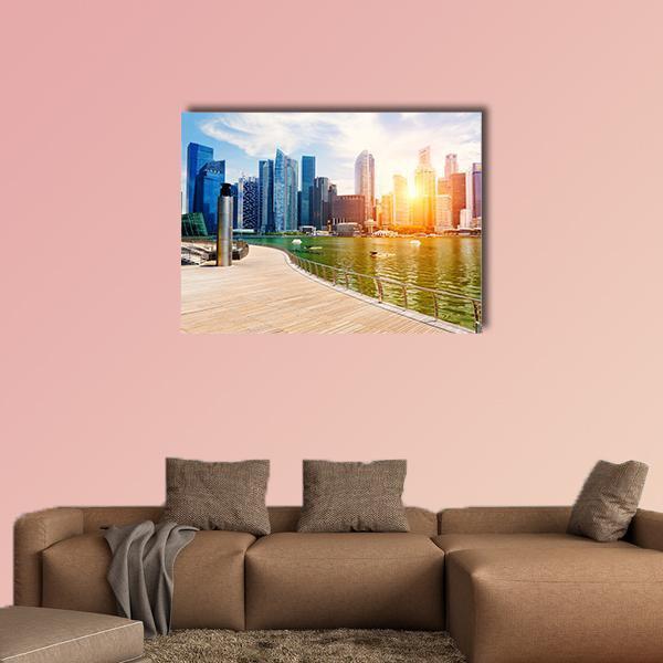 Singapore City Skyline at Sunset Canvas Wall Art in orange, yellow and blue, single panel hung on a wall
