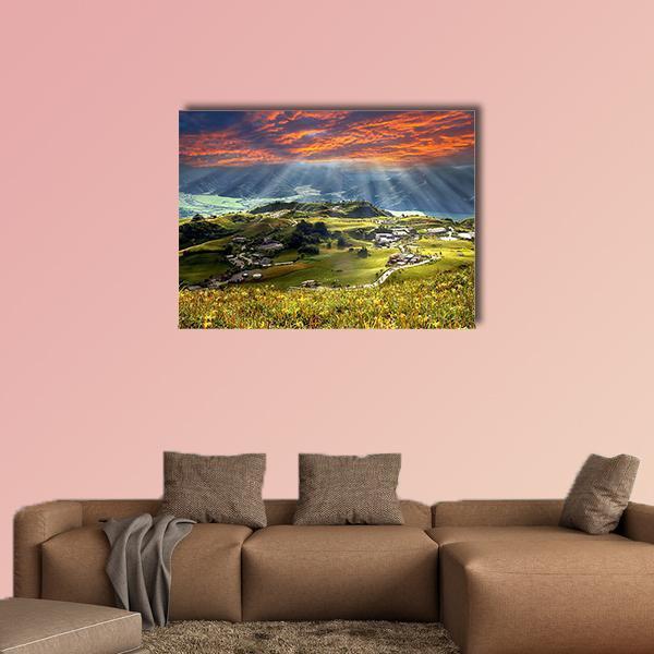 Sixty Stone Mountain at Sunrise Canvas Wall Art in orange, green and blue, single panel hung on a wall