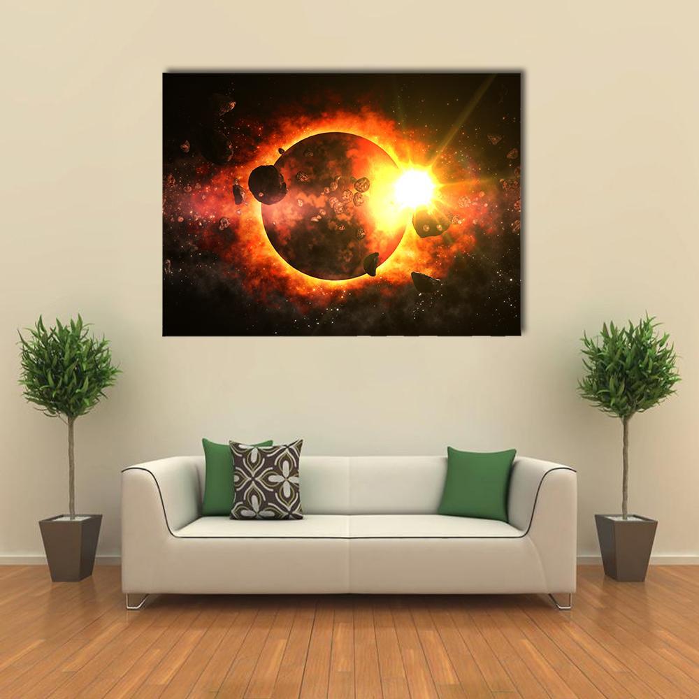 Asteroids Over Dead Planet Canvas Wall Art in black, red and orange, single panel hung on a wall