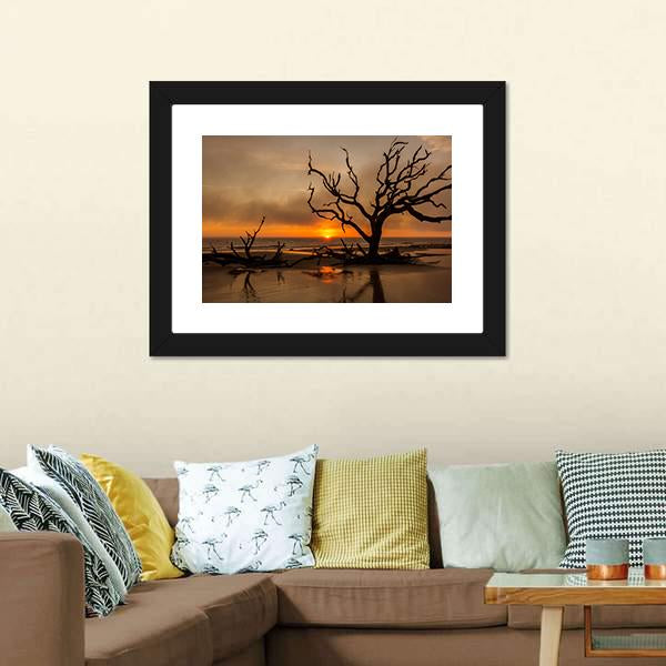Dead Tree At Sunrise Canvas Wall Art-1 Piece-Framed Print-20" x 16"-Tiaracle
