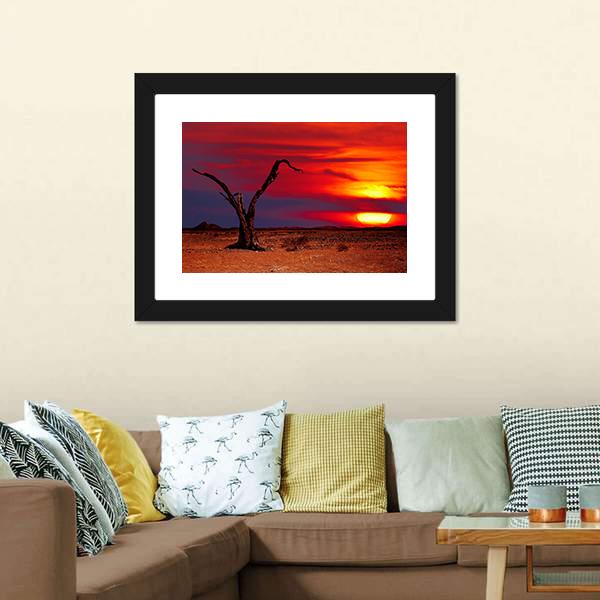 Dead Tree In Desert Canvas Wall Art-1 Piece-Framed Print-20" x 16"-Tiaracle