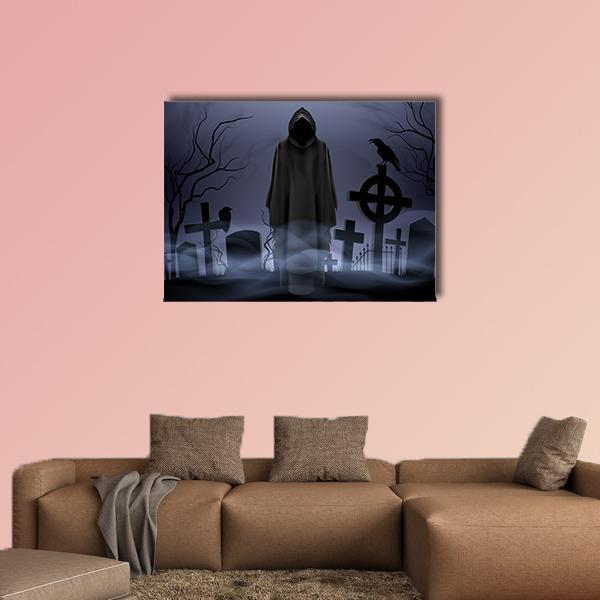 Death Angel Among Graves Canvas Wall Art in black, gray and blue, single panel hung on a wall