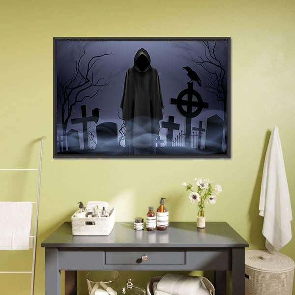 Death Angel Among Graves Canvas Wall Art-1 Piece-Floating Frame-24" x 16"-Tiaracle